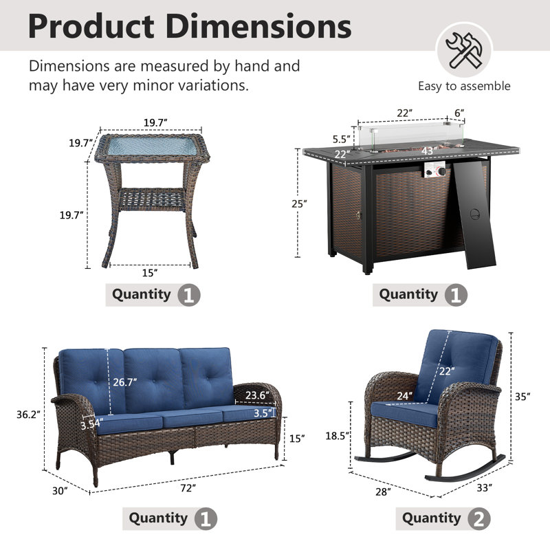 Aluel 5-Pieces Wicker Outdoor Conversation Set With Rocking Chairs and Rectangular Fire Pit with Windshield, Blue