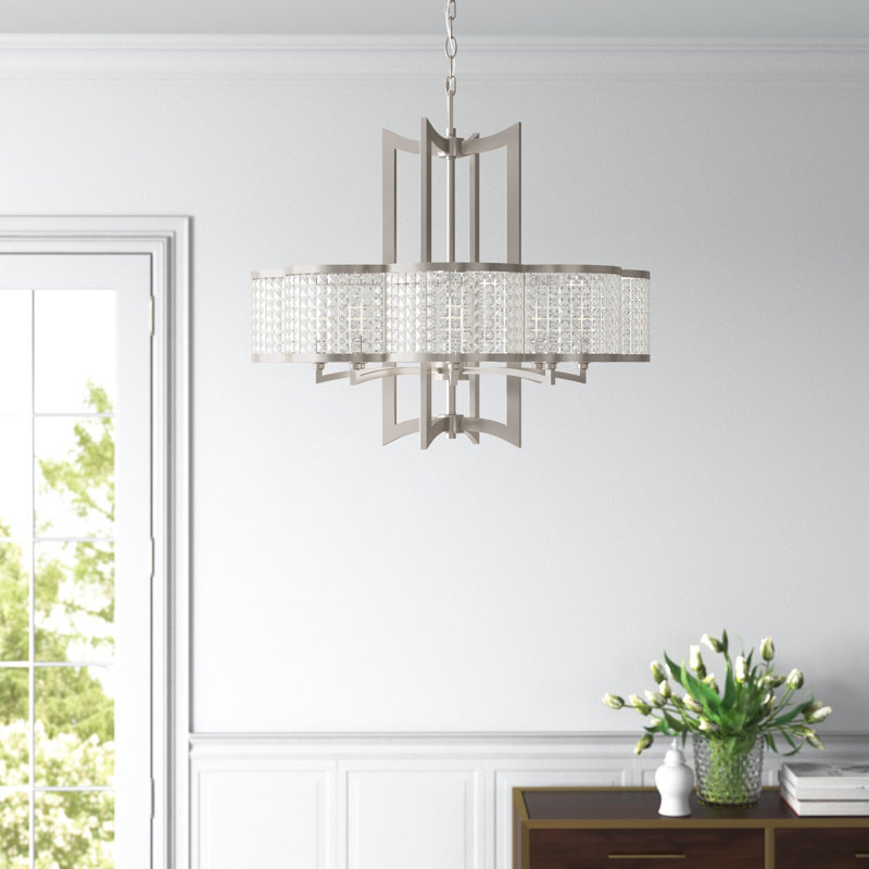 Lustre géométrique unique à 8 lumières avec accents de cristal Belisle, Nickel brossé