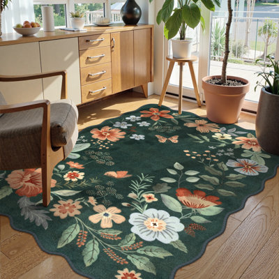 Floral Washable Rugs Non-Slip Soft Rugs for Living Room Bedroom Ultra-Thin Boho Accent Carpet