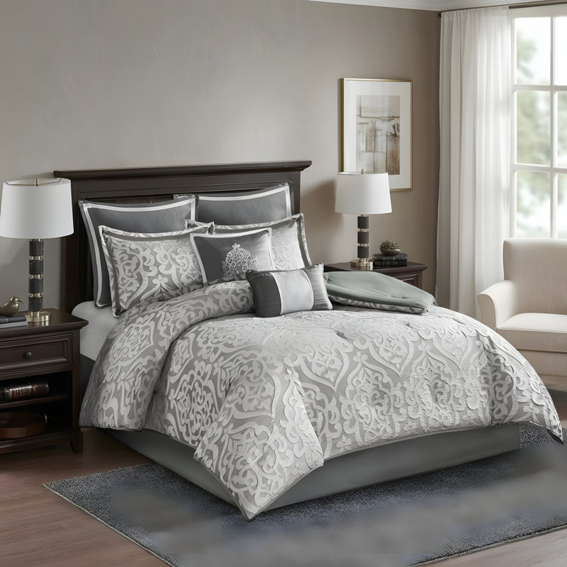 Polyester Jacquard Comforter 8 Piece Set, California King Comforter + 7 Additional Pieces, Silver