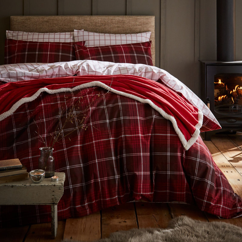 Brushed Cotton Tartan Check Duvet Cover Set, Single Duvet Cover + 1 Pillowcase, Red