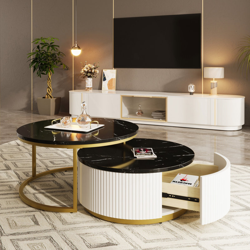 Table basse gigogne moderne avec base cannelée et tiroir intégré, Noir