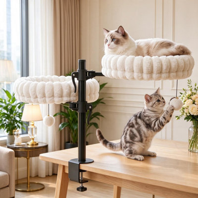 Indoor Cat Desk Hammock Bed with 2 Removable Beds and 2 Hanging Balls