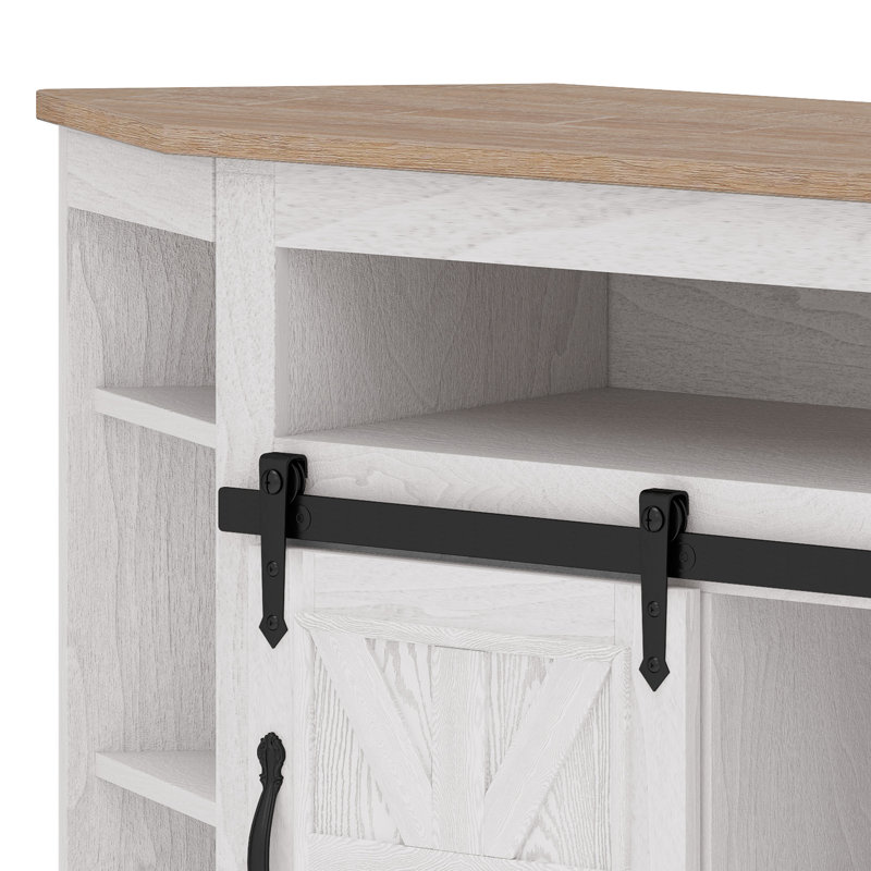  47.2" W Corner TV Stand With Power Outlet, Barned-Door Cabinet, Oak/White