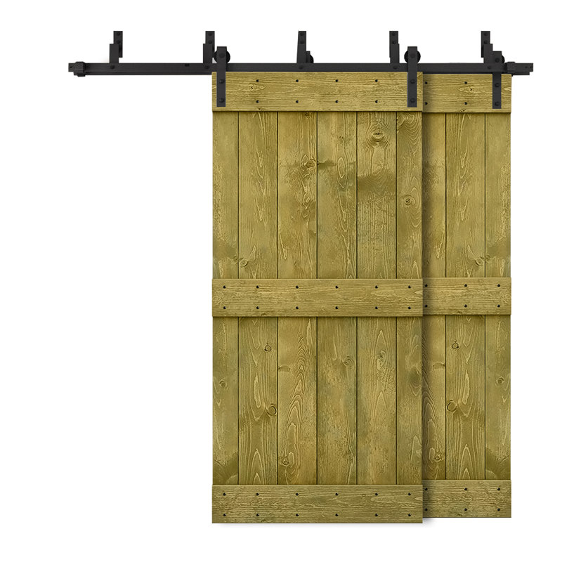 Porte de grange double à panneaux en bois teinté à panneau Mid-Bar, 92 po x 84 po, Vert jungle