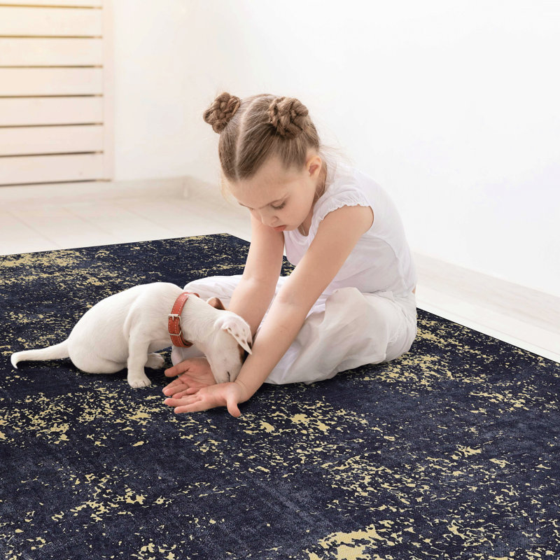 3X5 Area Rug, Machine Washable, Non-Slip, Non-Shedding, Low-Pile, For , Bedroom, Kitchen, Dining Room. Black + Gold ,