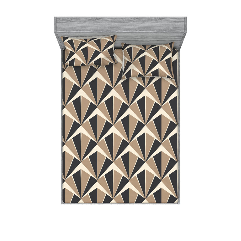 Ambesonne Fitted Sheet & Shams, Warm Taupe/Dark Gray Geometric, Full Sheet Set with 2 Pillowcases