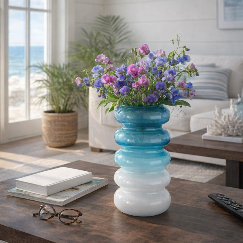 Stacked Ring Sculptural Glass Flower Vase for Home Decor - Elegant Tall Table Vase with Tiered Bubble Design for Living Room Displays - Blue & White