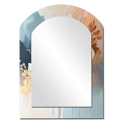 «White Gold Floral Brushstroke», peinture abstraite IV - grand miroir mural asymétrique à collages abstraits, miroir arche unique moderne, impression sur métal