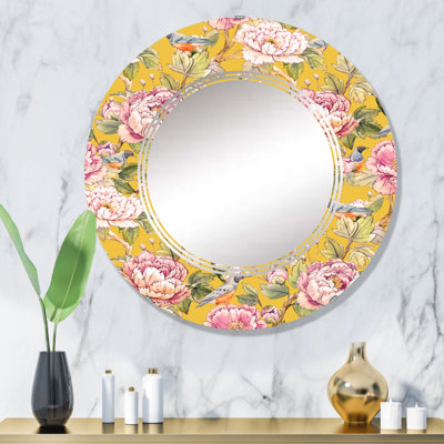 Miroir mural rond à motif de roses chinoises roses sur fond jaune
