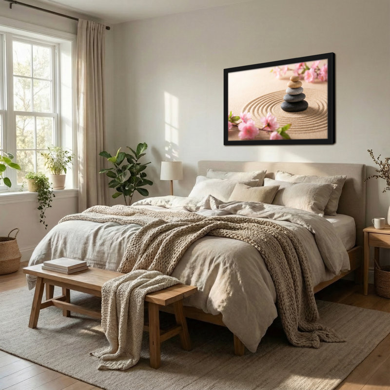 Fashion Zen, pierres de jardin, ondulations de sable, cerisiers en fleurs, H 12 po x l 18 po