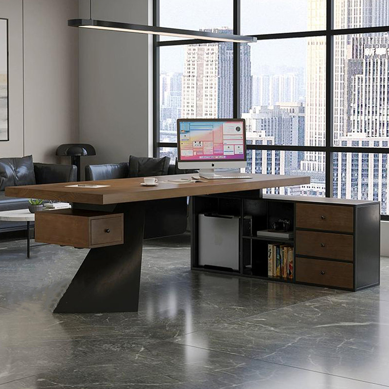 Tan+Black Rectangular Solid Wood+Iron desks, Right Hand Return, 29.53" H x 78.74" W x 31.5" D