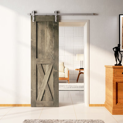 Porte en bois de pin massif X Design non assemblé avec quincaillerie d'installation en nickel brossé