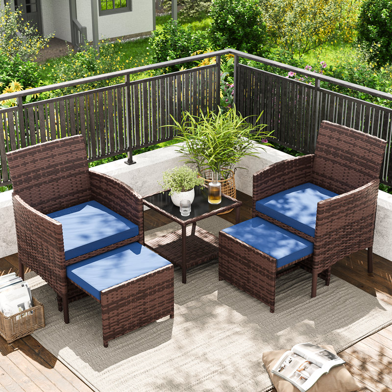 5 Pieces Outdoor Wicker Patio Conversation Set With Cushions And Ottoman, Navy Cushion/Brown Frame