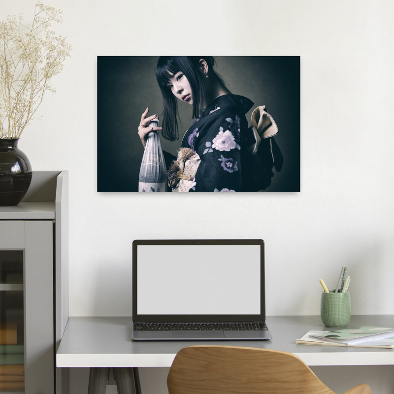 Japanese Woman With Sake Contemporary Wall Art Print 1 Piece Wrapped Canvas Wall Art, 40.64cm H x 60.96cm W