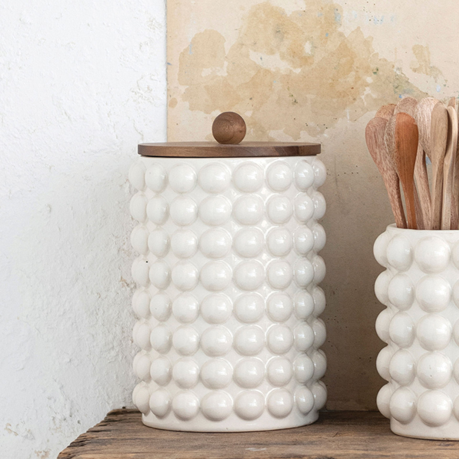 Zeppelin Stoneware Raised Kitchen Canister, 8.25" H x 8.25" W x 8.25" D, Cream/Brown