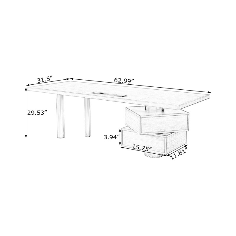 Bureau à 2 tiroirs brun noyer + argent massif rectangulaire + acier inoxydable avec 2 tiroirs, Retour à gauche