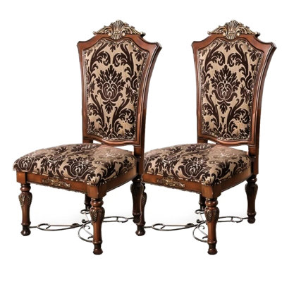 Traditional Brown Cherry Dining Chairs Of 2 - Solid Wood, Intricate Carvings, Floral Fabric Seats For Formal Room 2Pcs Wood Chairs, Cherry, Print Seats, Mexican Style
