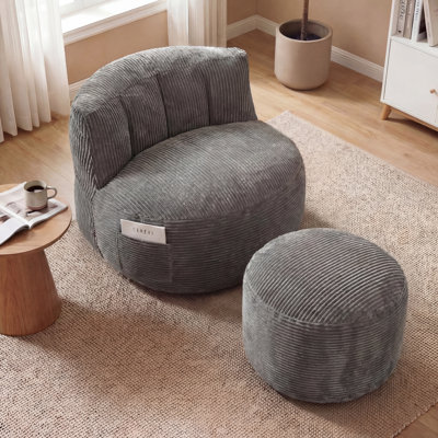 Oversized Adult Bean Bag Chair With Ottoman, Corduroy Fabric Lazy Sofa, Plump Shredded Foam Filled, Soft Fluffy & Portable, Back Support For Napping & Gaming