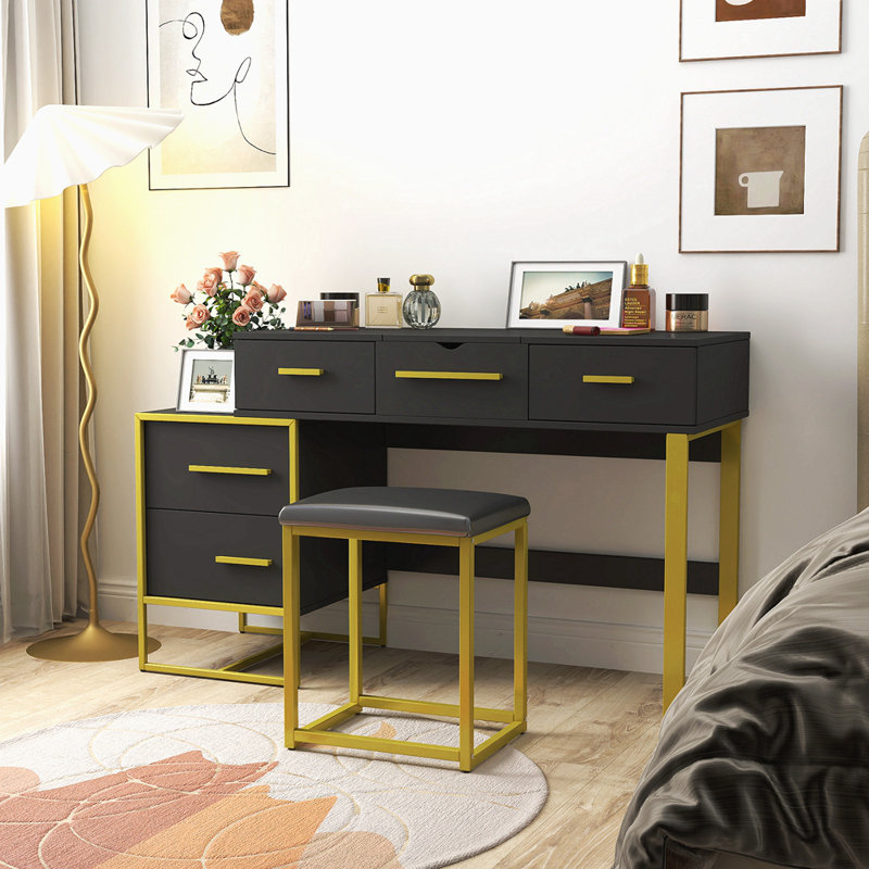 Ensemble de coiffeuse avec miroir, commode avec table de chevet et 4 tiroirs, Noir