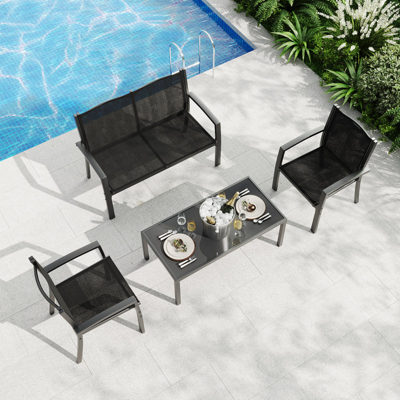 4-Piece Patio Bistro Set – Outdoor Conversation Set with Loveseat, 2 Chairs & Glass Table – All-Weather Textilene Fabric & Steel Frame Furniture for Backyard, Poolside, Porch - Black