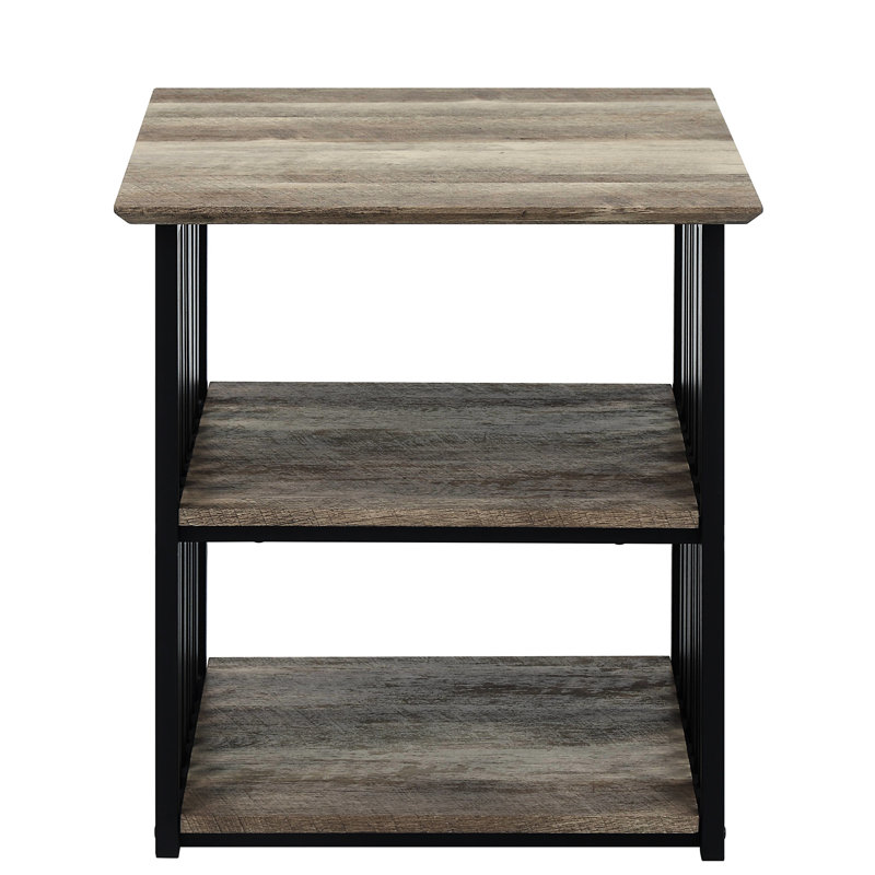 Table de chevet d'inspiration industrielle, finition chêne antique et noir, 2 compartiments ouverts, placage de papier, fabrication en métal, apparence de charge de 100 lb, élément, poids supporté