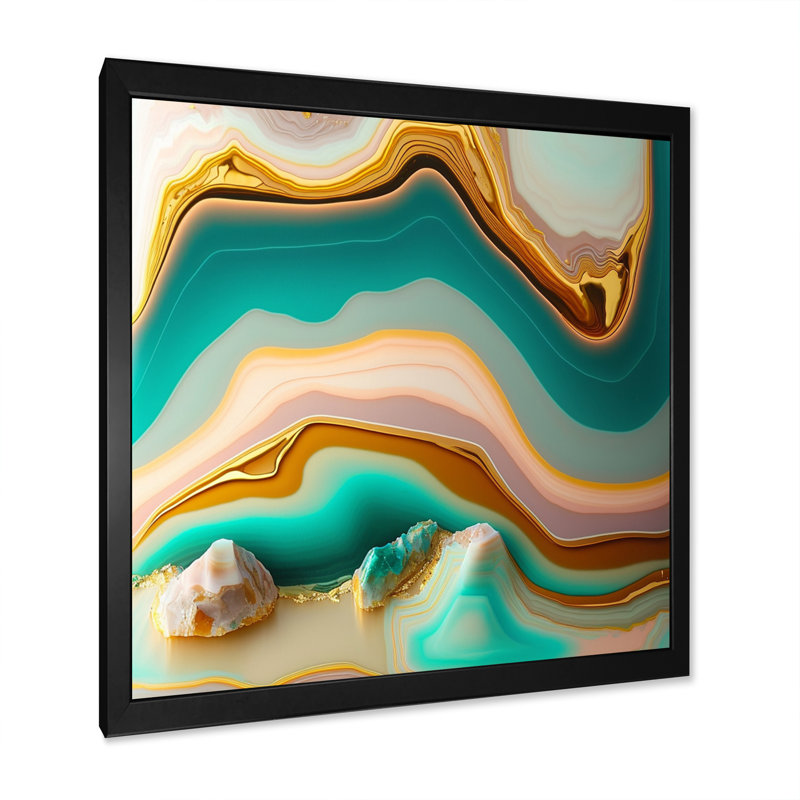 Art liquide, agate bleue turquoise sur toile, H 36 po x l 36 po x P 1,5 po, Cadre simple noir
