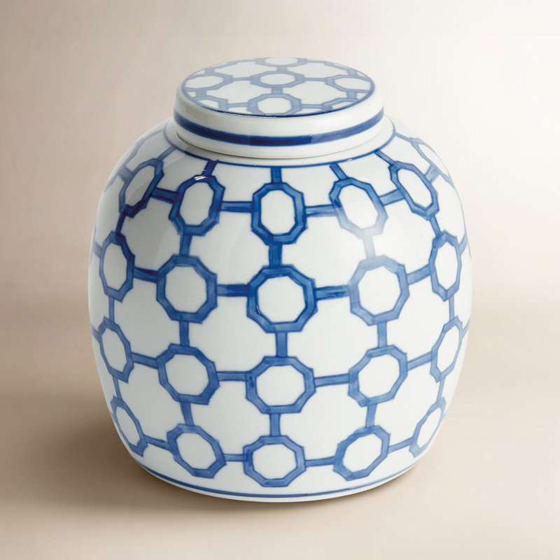 Canton Ceramic Blue and White Chinoiserie Link Lidded Jar