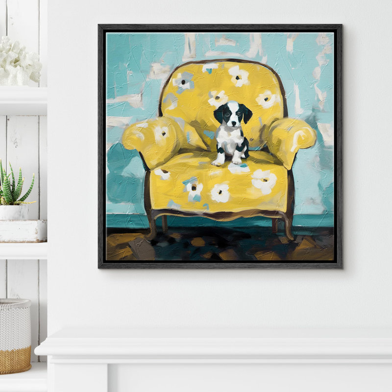 "Chiot sur un canapé floral, charmant canin relaxant et calme, art moderne pastel" sur, Noir, H 24 po x l 24 po