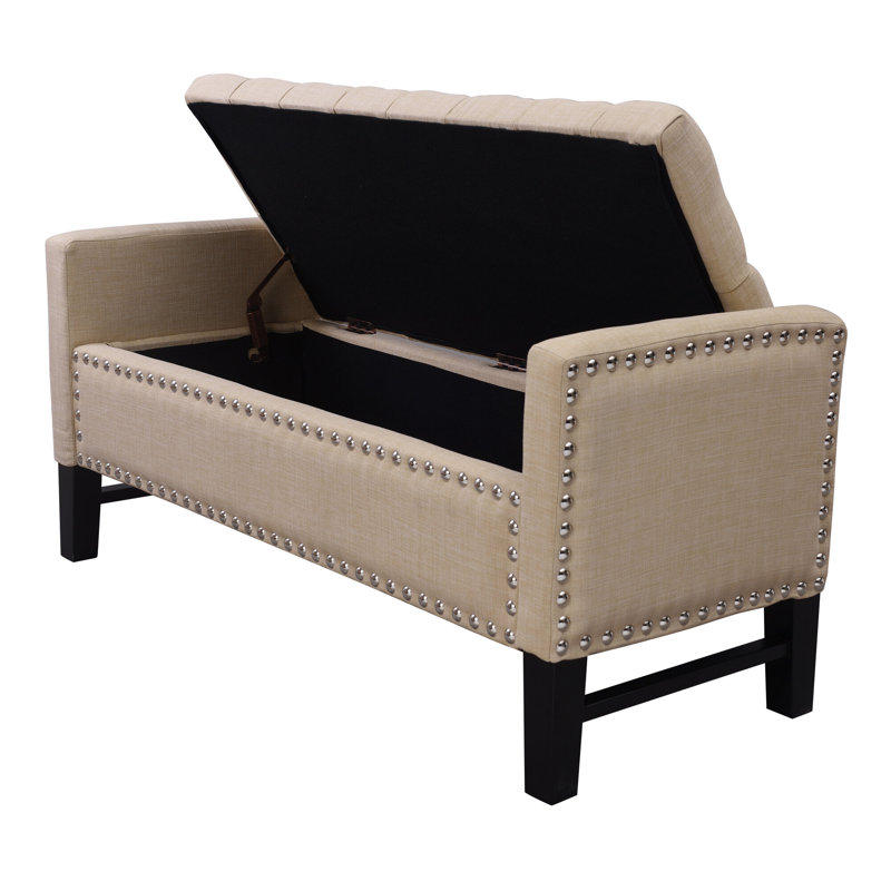 Banc rembourré en velours de 50 po gris clair et noir avec plateau rabattable, Beige
