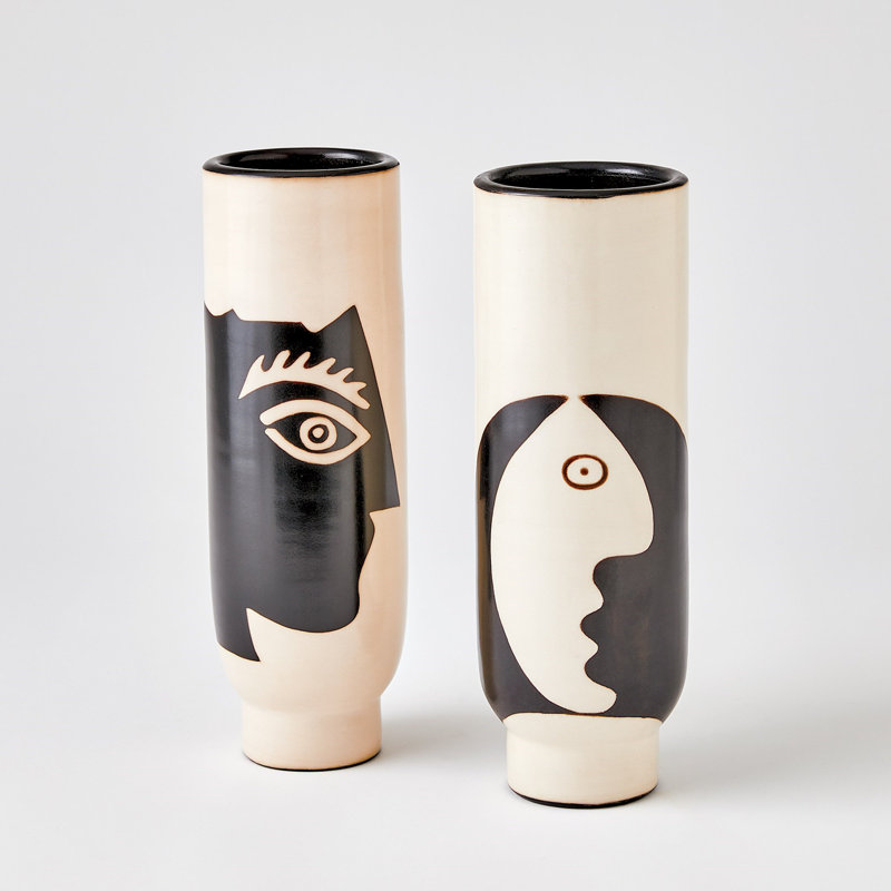 Simple Face Handmade Ceramic Table Vase, Natural/Black