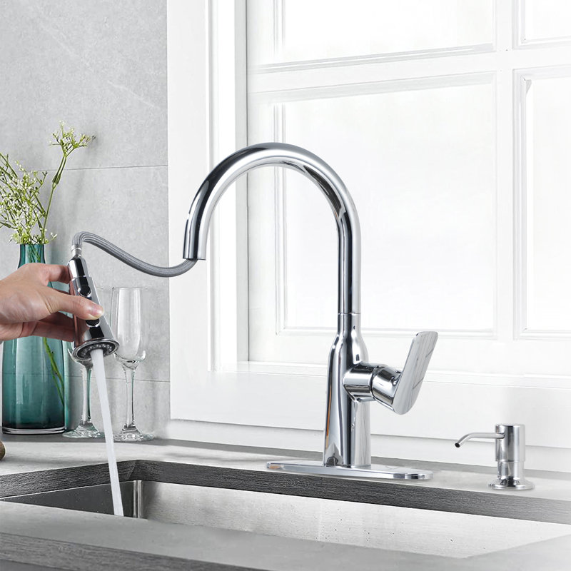 Robinet de cuisine rétractable à poignée simple en acier inoxydable à 3 fonctions avec plateau et distributeur de savon