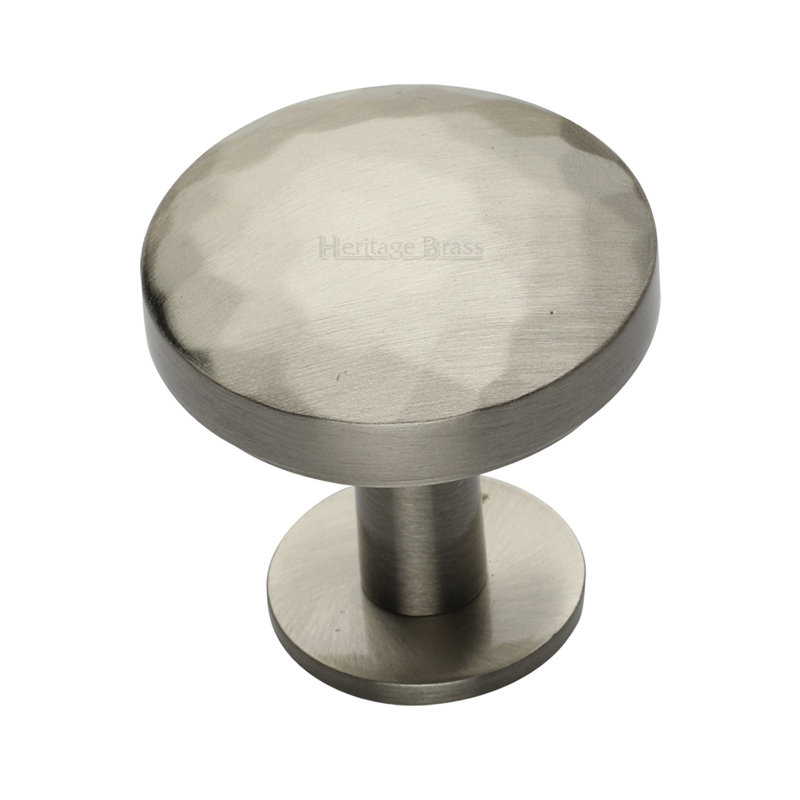 Heritage Brass Cabinet Knob Round Hammered Design with Rose, 32mm, Bright Satin Nickel
