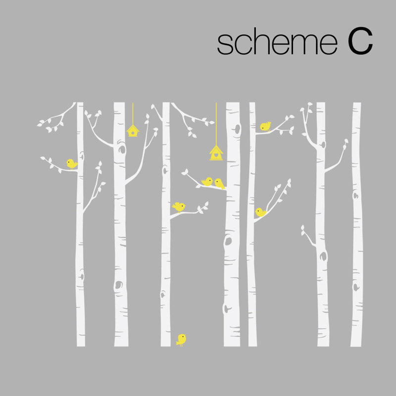 Décalcomanie murale arbre bouleau avec oiseaux, Gris / blanc / jaune