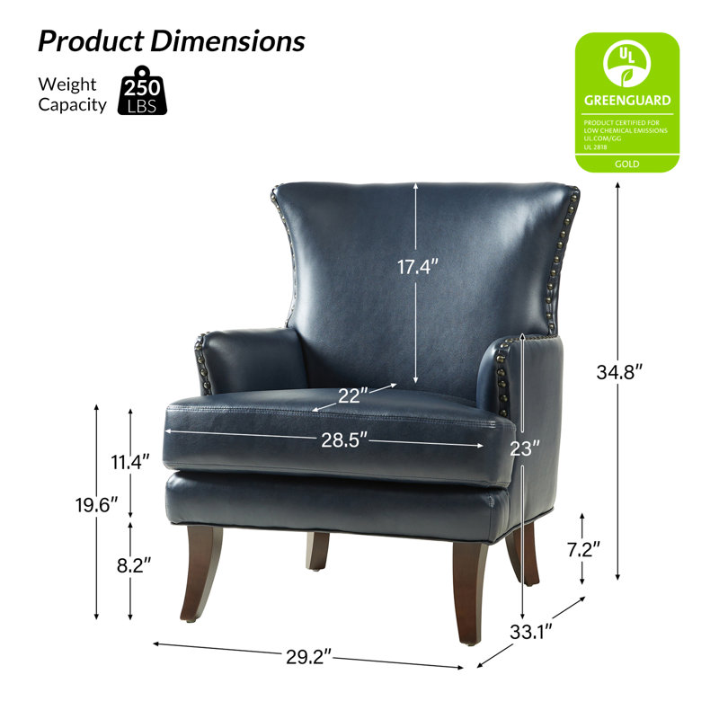 Fauteuil à oreilles en cuir 29,2 po Aviles, Similicuir bleu marine