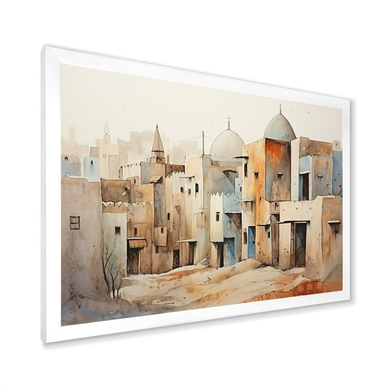 Village urbain, Sables égyptiens II - Égypte, art mural, Cadre de coin blanc fermé, H 12 po x l 20 po x P 1 po