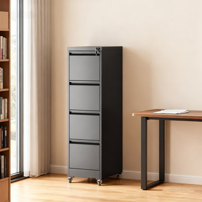 17.7" W x 52.3'' H 4-Drawer File Cabinet, Metal Locking Vertical File Cabinets on Wheels – Heavy-Duty for Home & Office, Black