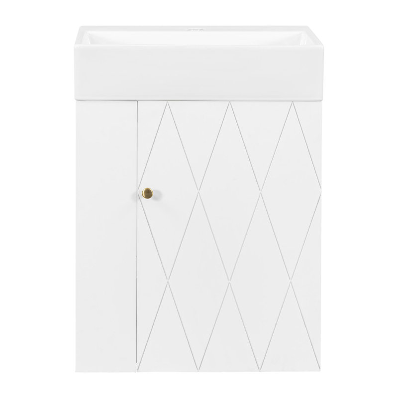 Wall-Mounted Bathroom Vanity with Diamond-Patterned Doors, White
