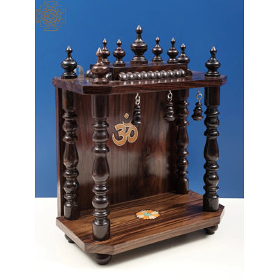 Handcrafted Wooden Puja Temple, Wall-Mounted Home Mandir with Decorative Bells