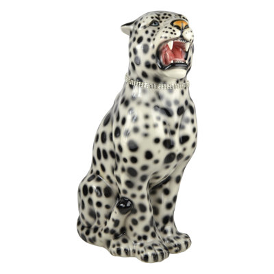 Grande statue de panthère en céramique peinte à la main de 22 po avec collier en strass amovible