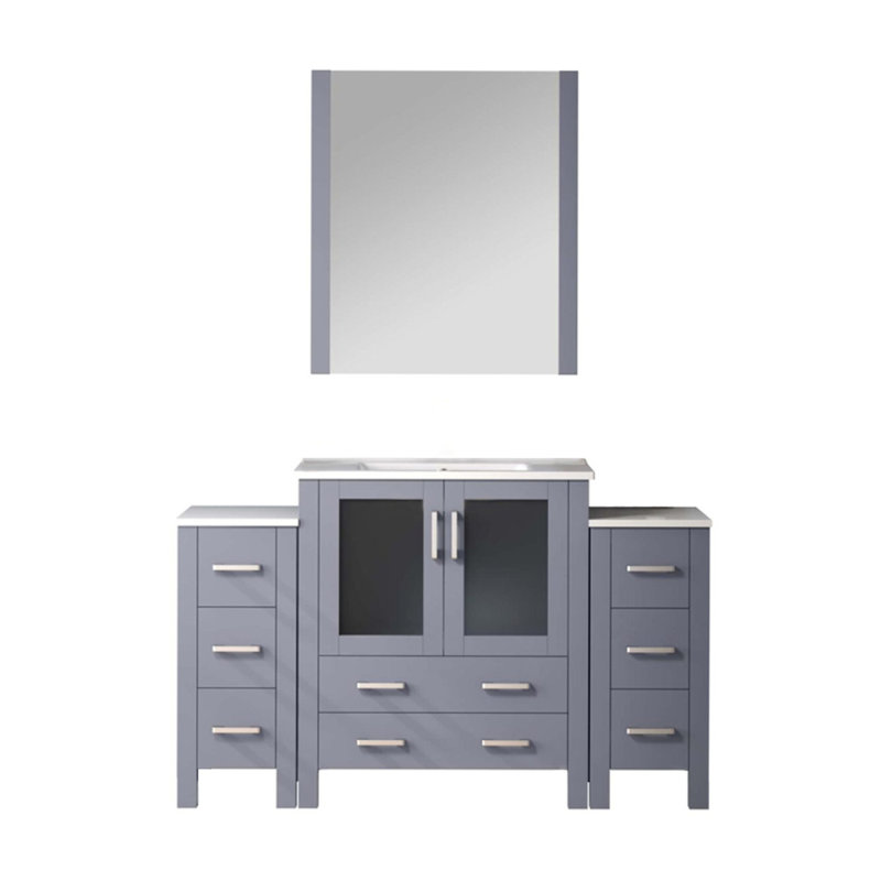 Meuble-lavabo simple gris foncé l 54 po x P 18,25 po, avec armoires latérales, plateau en céramique blanche et miroir de 28 po