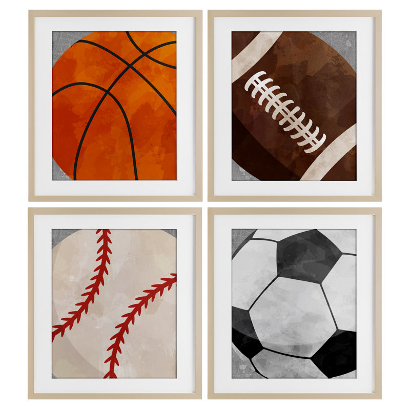 Team Sports Bouncing Fun, ensemble de 4 impressions encadrées sous verre, design par Christine Simpson Art, H 21 po x l 17 po
