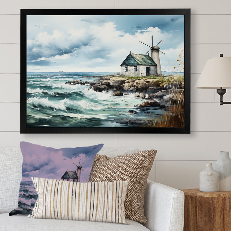 «Watercolor Vintage Coastal Windmills - Wind Turbines», art mural, Cadre d'angle fermé noir, H 30 po x l 40 po x P 1,5 po