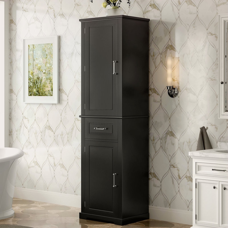 Tall Bathroom Storage Cabinet, Freestanding Storage Cabinet With Two Different Size Doors And Adjustable Shelf, Door Shelve Design, MDF Board With Painted Finish