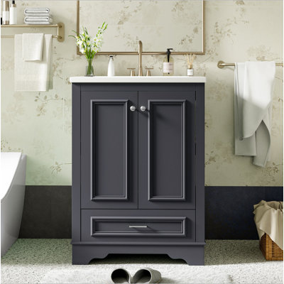 24'' Bathroom Vanity with Ceramic Sink Combo, Modern Freestanding Storage Cabinet  with Silver Handles,  Soft Closing Doors