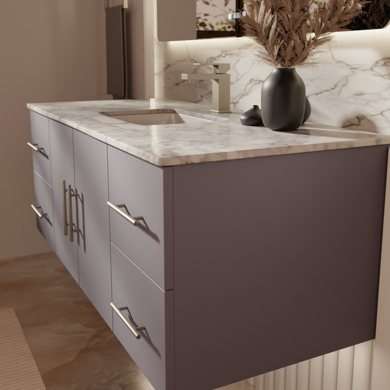 Geneva 48" Wall-Mounted Single Bathroom Vanity Set, Dark Gray, White Carrara Marble