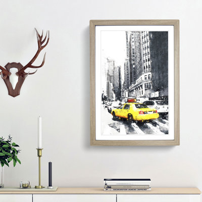 A Yellow Taxi Cab in New York Abstract Art - Framed Print
