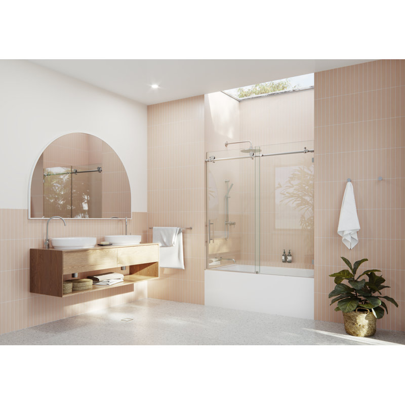 Eclipse 52 - 56 in. x 60 in. Fully Frameless Sliding Bathtub Door, Brushed Nickel
