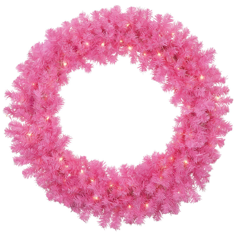 Pre-Lit Artificial Pine Christmas Wreath - Clear Lights, 36" H x 36" W x 6" D, Pink