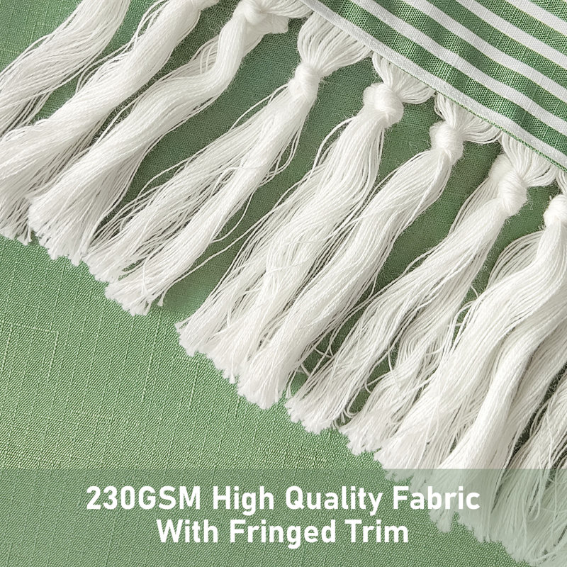 Sage Green and White Striped Fabric Shower Curtain with Pompoms
